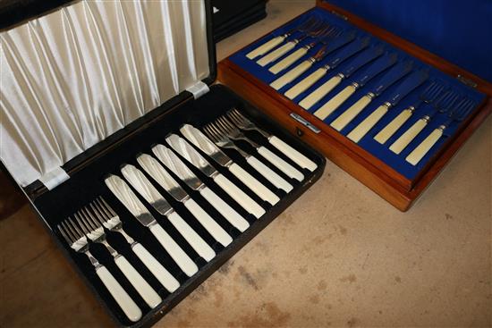 12 plated fish knives and forks, 6 ditto, both boxed